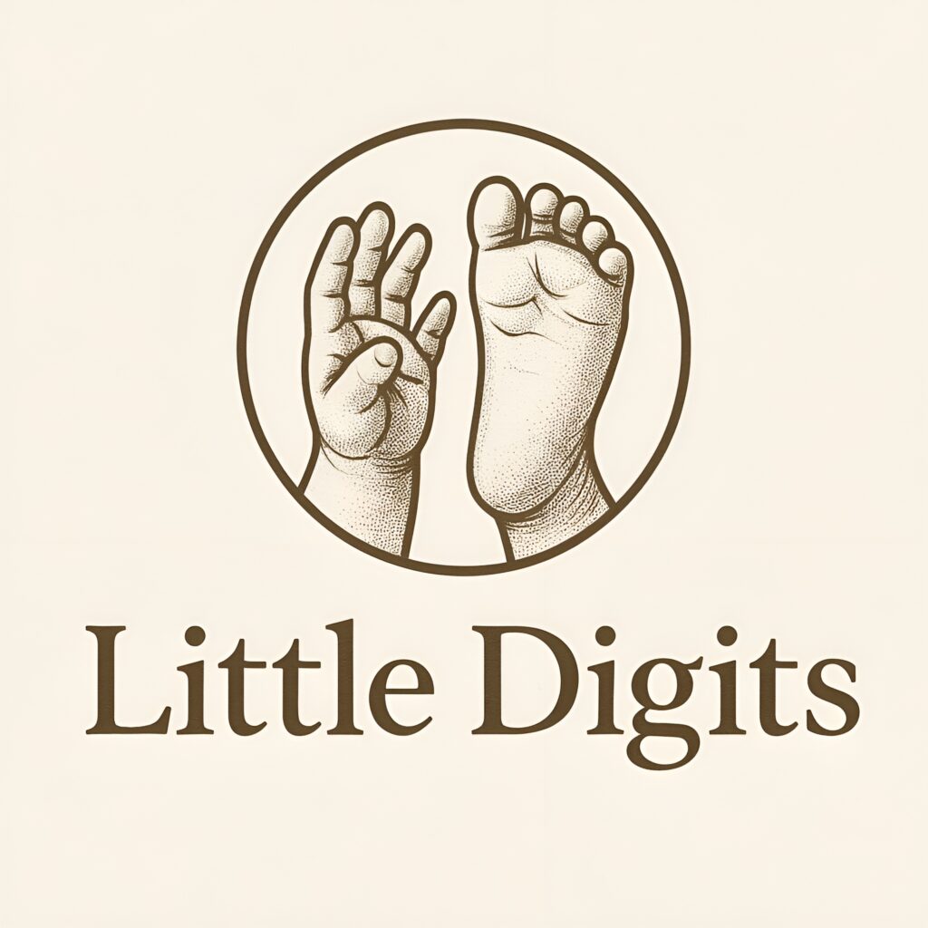 little digits logo Logo featuring a baby’s hand and foot inside a circle above the words “Little Digits