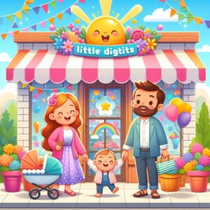 little digits studio A colorful illustration shows a smiling family with a baby standing in front of a shop called “little digits,” decorated with flowers, balloons, bunting, and a happy sun sign