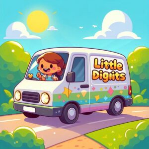 little digits van A colorful cartoon van labeled “Little Digits” drives along a sunny road, with a smiling child waving from the driver’s seat and trees and clouds in the background.